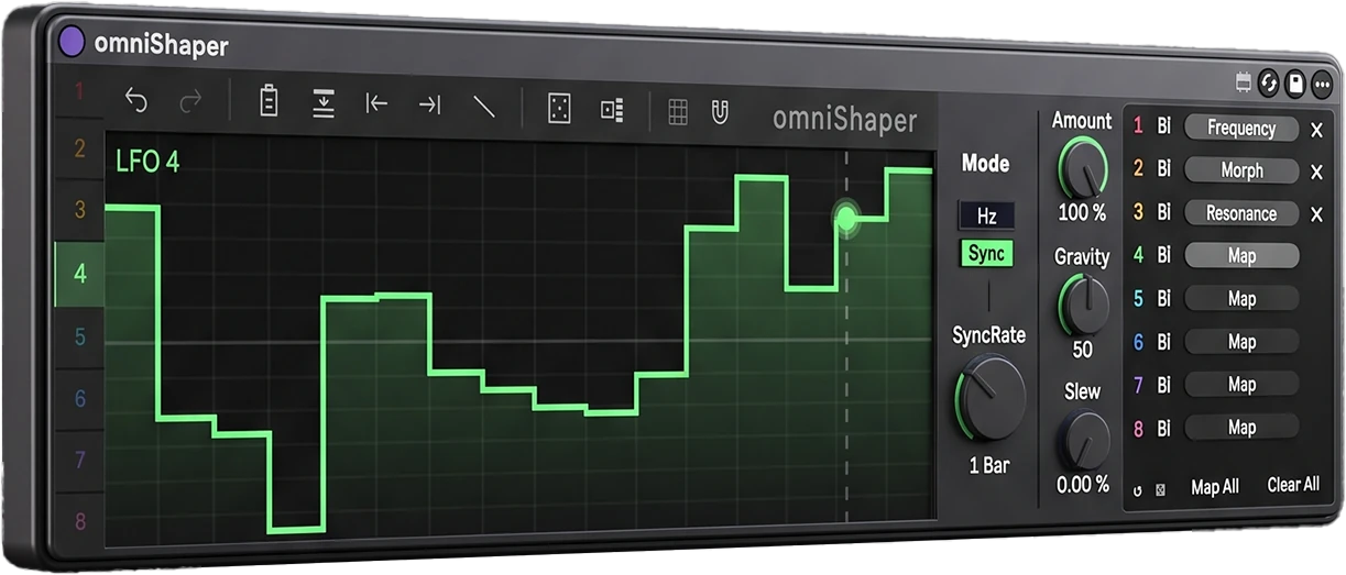 The omniShaper device: a step-sequence curve on lane 4, with Amount, Gravity, Slew and eight mapping rows